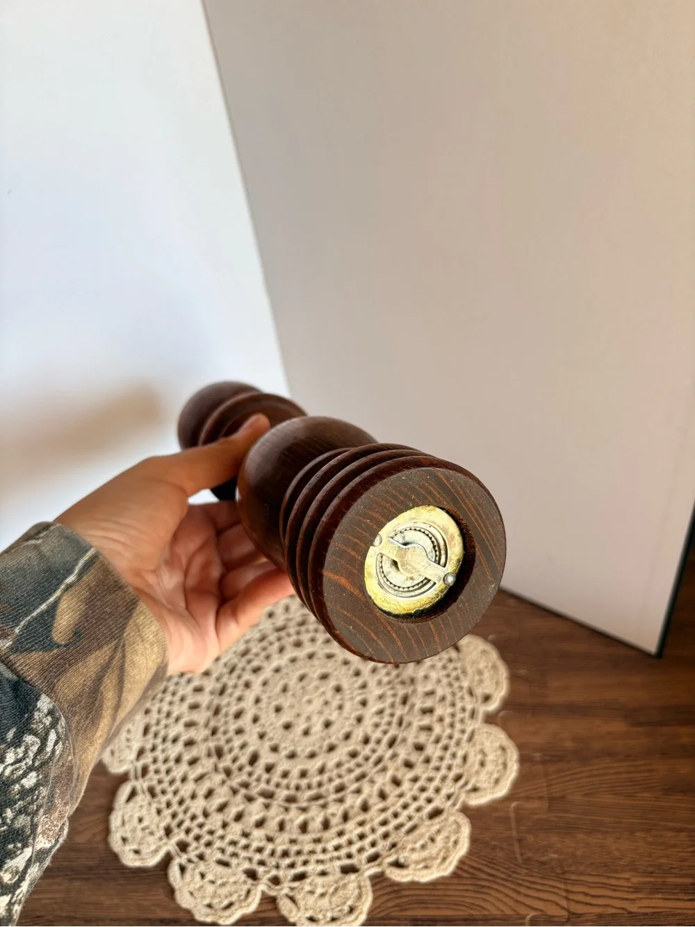 Vintage Wooden Pepper Mill with Brass Top